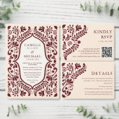 Mexican Burgundy Wedding QR Code RSVP Karte (Personalisiere diese Kollektion eines unabhängigen Creators.)
