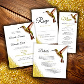 Chic Green Hummingbird and Gold Dust Wedding Einladung