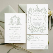 Classic Sage Green Floral Crest Monograms Wedding Schaumweinetikett