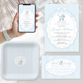 Blue Stroller Baby Carriage Bow Preppy Boy Shower Einladung