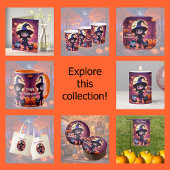 Niedliche kleine Hexe mit Katzen und Kürbissen, na Karte