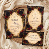 Dark Baroque Red Floral Wedding RSVP Karte