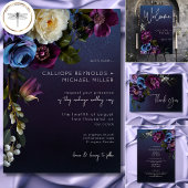 Dark Moody Blue Lavender Floral Moderne Hochzeit Menükarte
