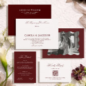 Modern Ivory and Burgundy Wedding RSVP Qr Code Begleitkarte