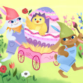 Bunnies und Chick Happy Oaster Karte