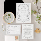 Elegant Black Ornate Floral Wedding Details Begleitkarte