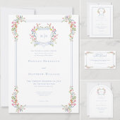 Elegant Dusty Blue Pastel Wildflower Crest Wedding Schaumweinetikett