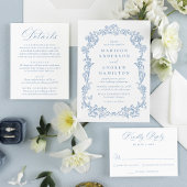 Elegant Dusty Blue Victorian Floral Wedding RSVP Karte