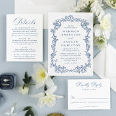 Elegant French Blue Victorian Floral Wedding RSVP Karte