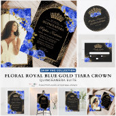 Royal Blue Black Gold Glitzer Floral Quinceanera Dankeskarte