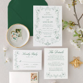 Elegant Green Ornate Floral QR Code Wedding RSVP Karte