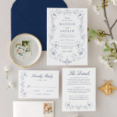 Elegant Navy Ornate Floral Wedding Details Begleitkarte