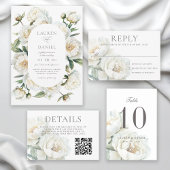White Peonies Floral Wedding Details QR code Begleitkarte