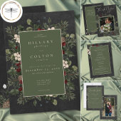 Elegant Winter Berries & Pine Black Wedding RSVP Karte