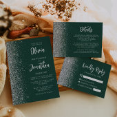 Emerald Green Silver Glitzer Calligraphy Wedding Einladung