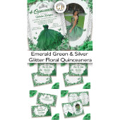Emerald Green Silver Glitzer Floral Quinceanera Save The Date