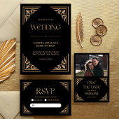 Modern Deco | Black and Gold Wedding QR Code RSVP Karte