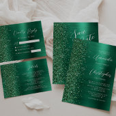 Emerald Green Brushed Metal Glitzer Script Wedding Einladung