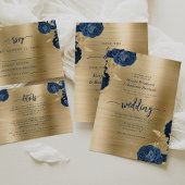 Navy Blue Floral Gold Brushed Metal Wedding Einladung