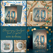 Elegant Glamorous Teal Gold Crystal 40th Birthday Weinetikett