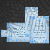 Quinceañera Ice Blue Silver Winter Snowflake Save The Date