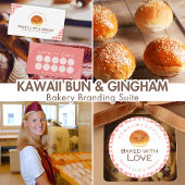 Kawaii Bun Red Gingham Watercolor Bakery Visitenkarte