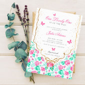 Liebliche rosa Rosenblume goldene Schleife Baby-Pa Poster