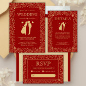 Luxus-Hochzeitsprogrammkarte in Rot und Antik-Gold