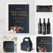 Midnight Blue Gold Red Floral Graduation Party Einladung