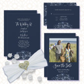 Dunkle Navy White Wildblume QR Code Detail Hochzei Begleitkarte