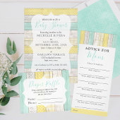 Neutrale Babydusche, gelb rustikales Holz Einladung