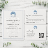 Staubblauer QR-Code-Monogramm-Hochzeitsdetails Begleitkarte (Personalisiere diese Kollektion eines unabhängigen Creators.)