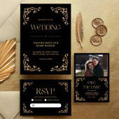 Modern Deco | Black and Gold Wedding QR Code RSVP Karte