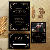 Modern Deco | Elegant Black and Gold Wedding Menu Menükarte
