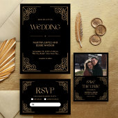 Modern Deco | Elegant Black and Gold Wedding Einladung