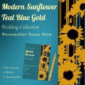Sunflower Teal Blue Gold Modern Wedding Photo Einladung