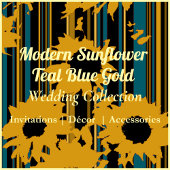 Sunflower Teal Blue Gold Modern QR Code Wedding  RSVP Karte