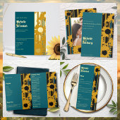 Sunflower Teal Blue Gold Modern Wedding Menu Karte