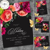 Moody Luxe Floral Vibrant Pink Black Wedding Dankeskarte