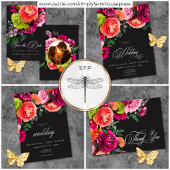 Moody Luxe Floral Vibrant Pink Black Wedding RSVP Karte