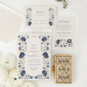 Navy Blaues Florales Jugendstil-Hochzeitsprogramm Einladung