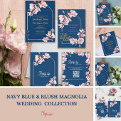 Navy Magnolia Floral Photo Wedding Invitation