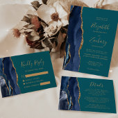Chic Navy Blue Gold Agate Aquamarin QR Code Weddin Einladung