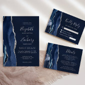 Moderne Navy Blue Silver Agate Hochzeit RSVP Karte
