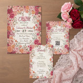 Pink & Red Romantic Rose Spring Floral Wedding Einladung