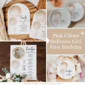 Rosa Glitzer Balloons 1. Geburtstag Gastgeschenk Runder Aufkleber