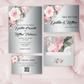 Aquarellfarbene Rose Rosa und Silber Hochzeit Save The Date