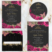 Vintag Pink Roses Black Gold Lace Quinceañera Pappteller