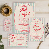 Red Script Blue Stripes Retro Wedding Photo Dankeskarte