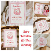Retro Hand Drawn Valentine Girl First Birthday Einladung